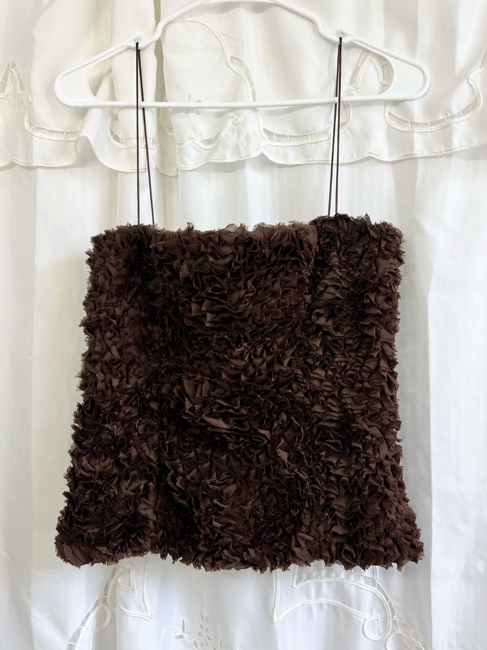 Zara Chocolate Brown Textured Ruffle Appliqué Cami Top S NWOT